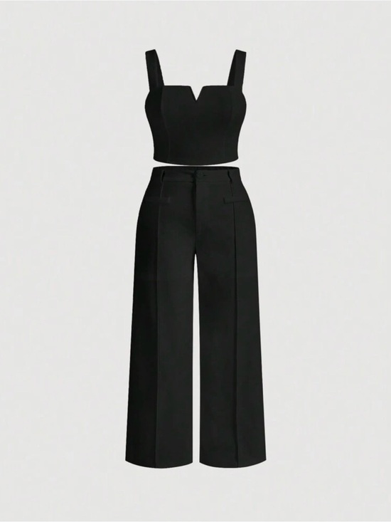 Pants - Black Wide-Leg Trousers with Matching Crop Top, Sz 0XL